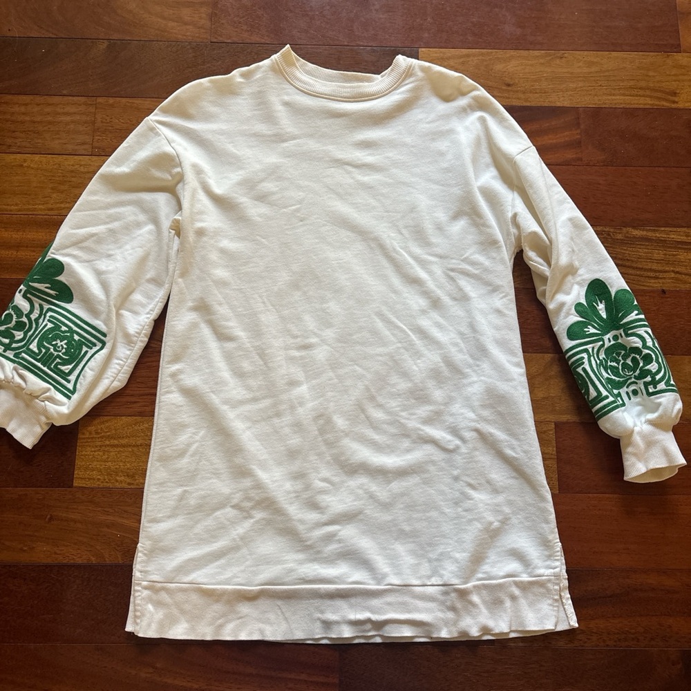 Womens Long Sleeve Cream Dress with Green Sleeve Prints